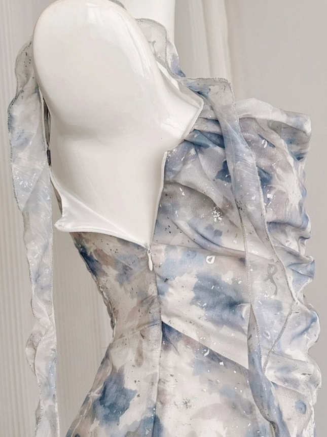 Gentle A Line Straps Blue Print Flower Chiffon Short Homecoming Dress Cocktail Dress HZ1023
