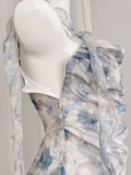 Gentle A Line Straps Blue Print Flower Chiffon Short Homecoming Dress Cocktail Dress HZ1023