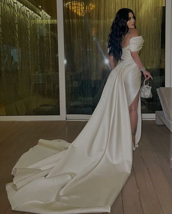 White Off The Shoulder Pleated Satin Prom Dress Formal Evening Dress HZ1023