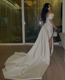 White Off The Shoulder Pleated Satin Prom Dress Formal Evening Dress HZ1023