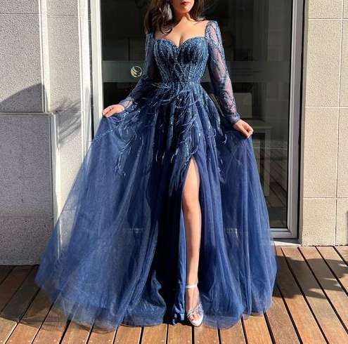 Blue Long Sleeves Slit Prom Dress Long Party Dress Evening Dress HZ1023