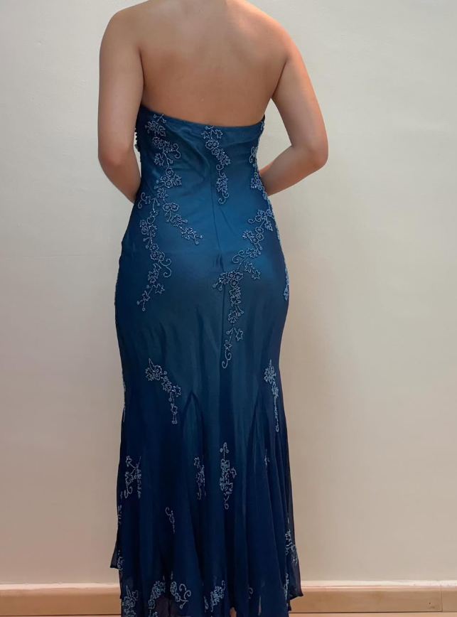 Vintage Mermaid Halter Beaded Navy Blue Chiffon Prom Dress Evening Dress HZ1023