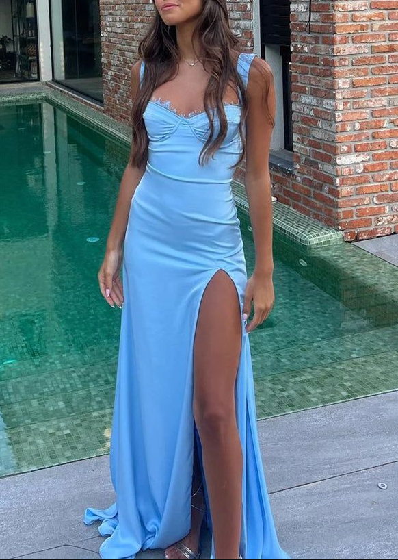 Blue Mermaid Straps Satin Long Prom Dress With Slit HZ1023