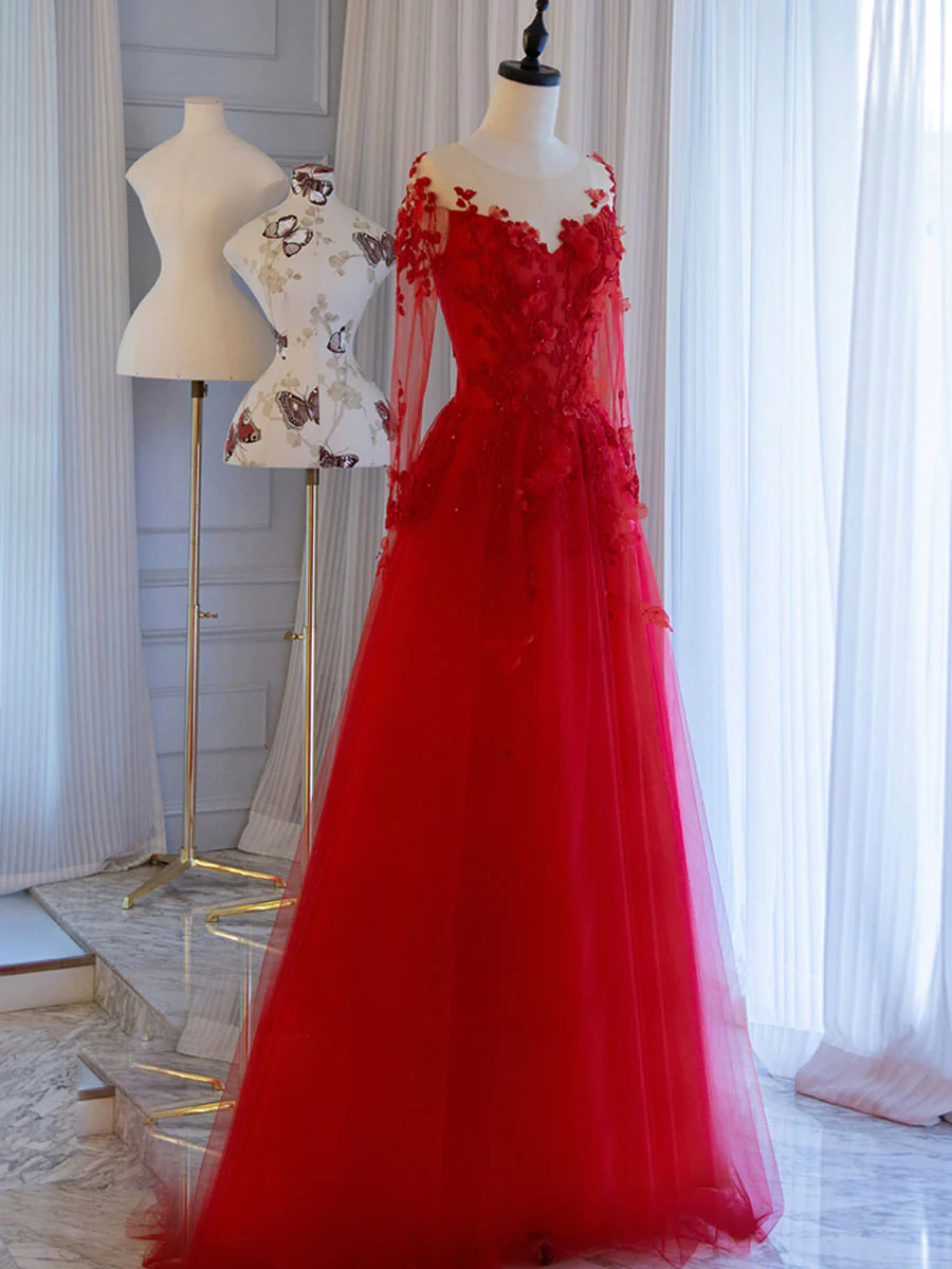 Pretty Tulle Long Prom Dress With Applique,Red Party Dress Formal Evening Dress HZ1023