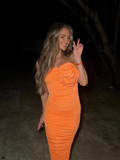 Charming Sheath Strapless 3D Floral Orange Satin Prom Dress Evening Dress HZ1023