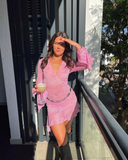 Sexy Sheath Long Sleeve Pink Lace Short Party Dress Outfits HZ1023