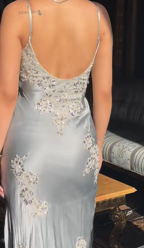 Vintage Sheath Spaghetti Strap Lace Baby Blue Satin Party Dress Evening Dress with Slit HZ1023