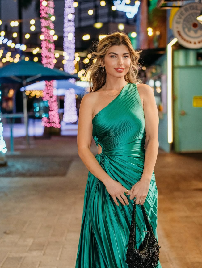 2025 New A Line One Shoulder Green Satin Long Prom Dress Evening Dress HZ1023