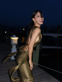 Sexy Olive Green Sheath Straps Satin Open Back Long Wedding Guest Dress Party Dress HZ1023