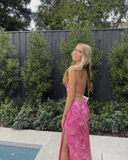 Spaghetti Straps Floral Pink Long Prom Dress Sexy Backless Party Dress HZ1023
