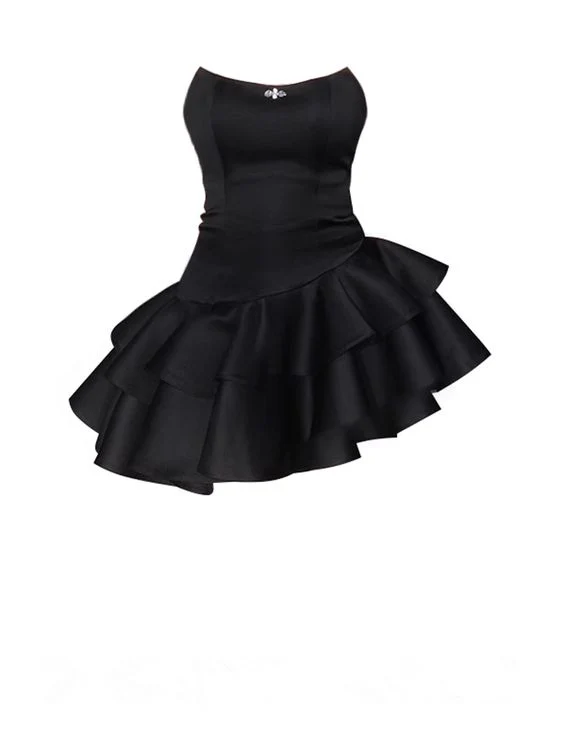 Chic Strapless Black Satin Short Prom Dress Layered Homecoming Dresses HZ1023