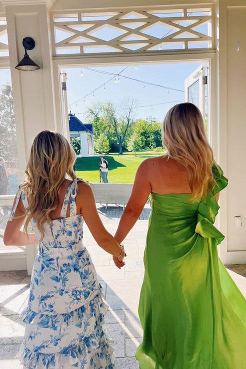 Blue Printed Long Formal Evening Dress Sleeveless Prom Gown With Split HZ1023