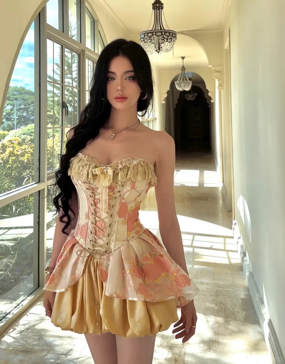 Golden A Line Sweetheart Neck Lace Satin Short Prom Dress Homecoming Dress HZ1023