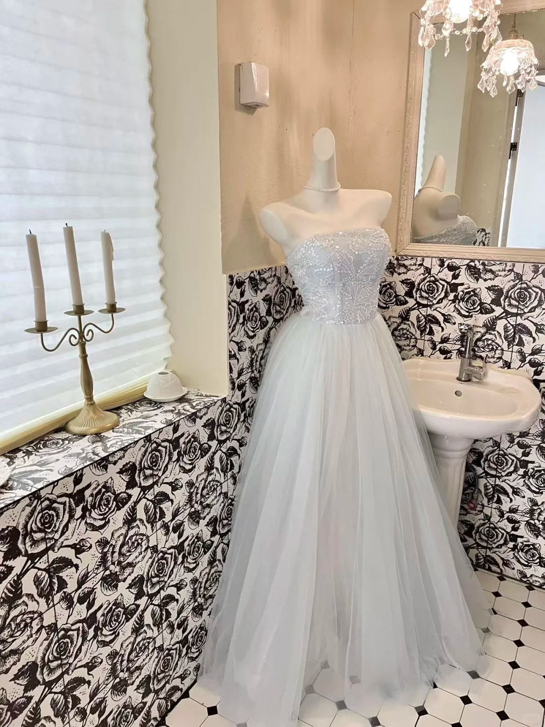 Baby Blue A Line Strapless Beaded Tulle 18th Birthday Dress Prom Dress HZ1023