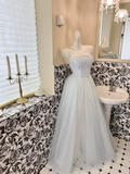 Baby Blue A Line Strapless Beaded Tulle 18th Birthday Dress Prom Dress HZ1023