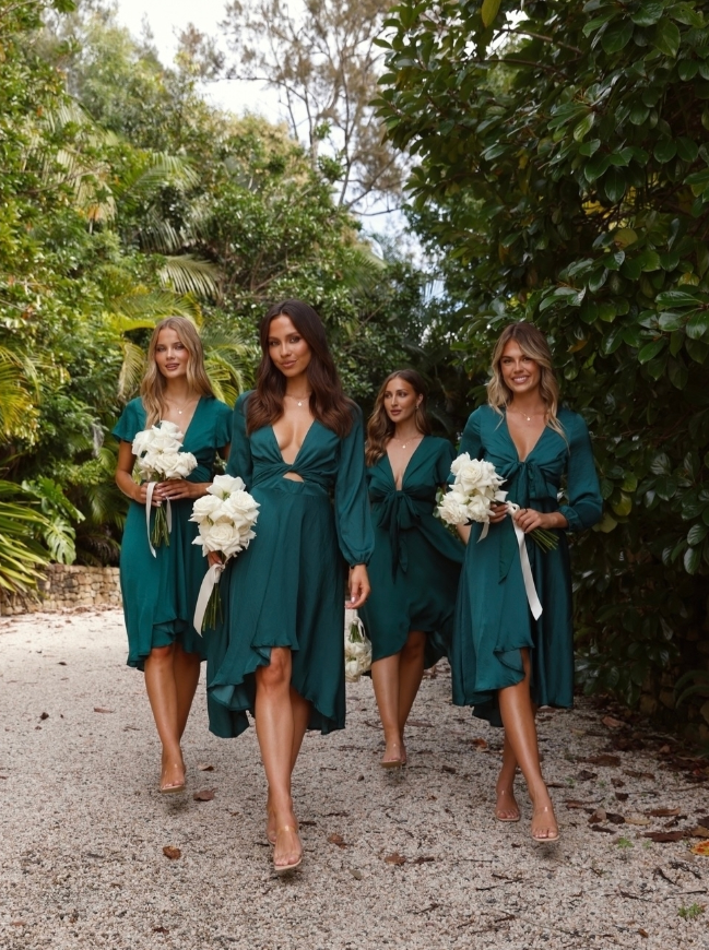 Elegant A Line V Neck Green Satin Short Evening Dress Bridesmaid Dress HZ1023