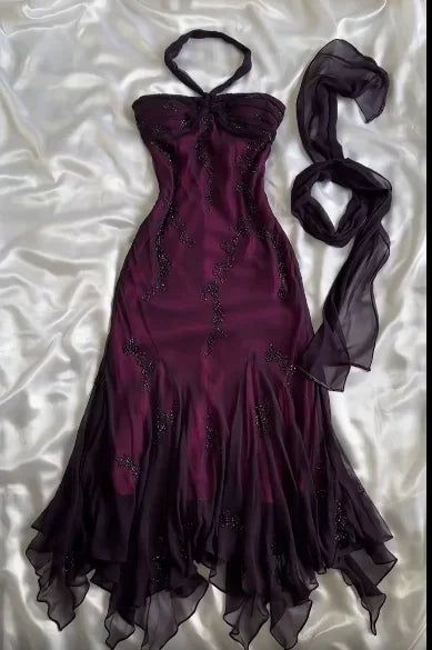 Vintage Mermaid Halter Beads Ruffles Chiffon Prom Dress Evening Dress HZ1023