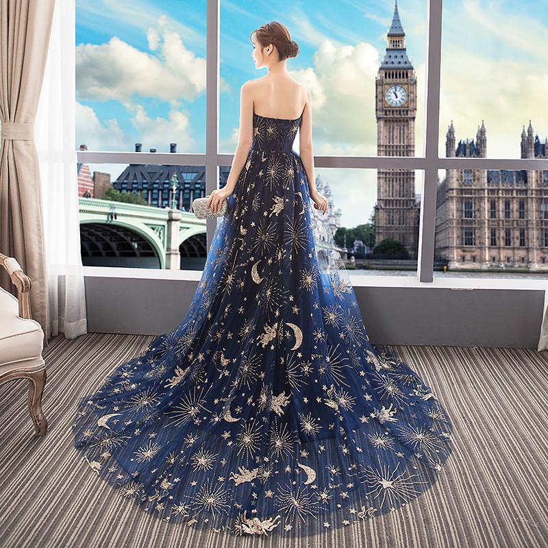 Navy Blue Tulle Mesh Long Off Shoulder Formal Dress, Blue New Style Party Dress Prom Dress HZ1023