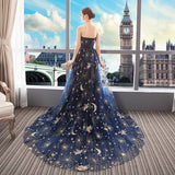 Navy Blue Tulle Mesh Long Off Shoulder Formal Dress, Blue New Style Party Dress Prom Dress HZ1023