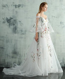White Tulle Lace Spaghetti Straps Long Evening Dress, Embroidery White Prom Dress HZ1023