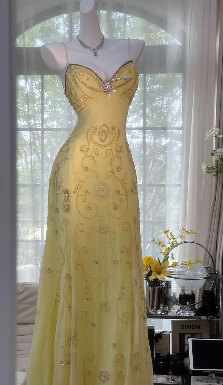 Gorgeous Yellow Spaghetti Strap A Line Chiffon Beaded Long Prom Dress HZ1023