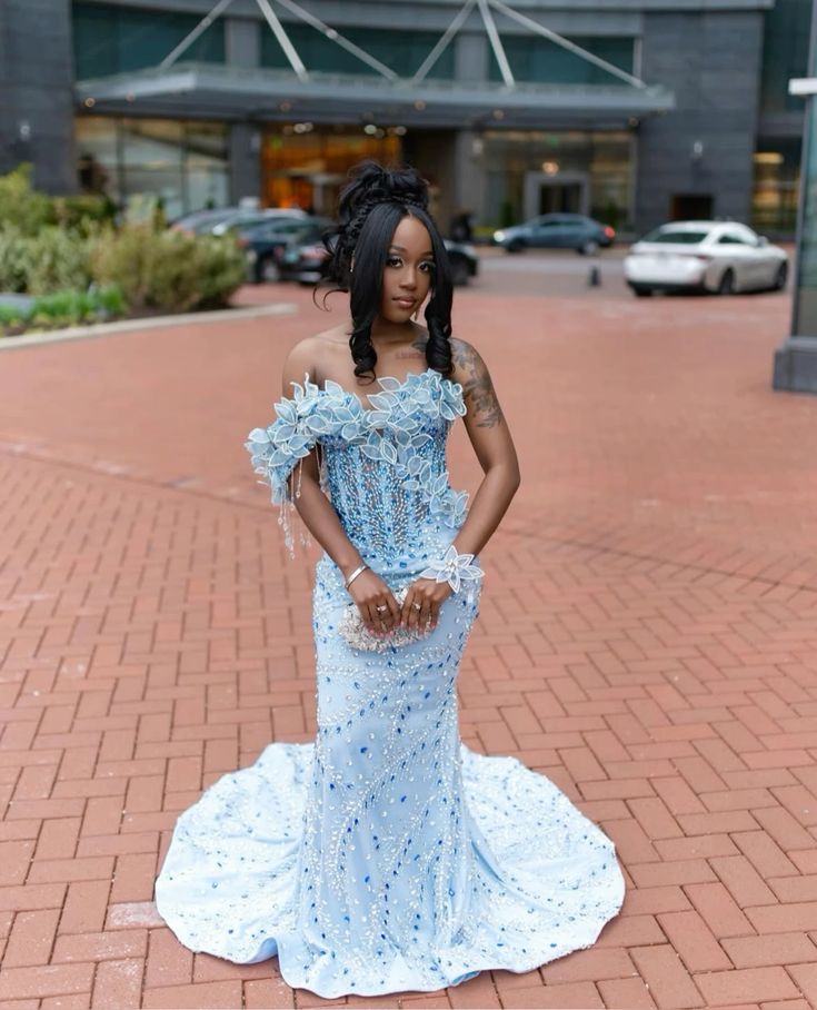 Blue Exquisite Mermaid One Shoulder Beaded Satin Long Party Dress Prom Dress Formal Dress HZ1023