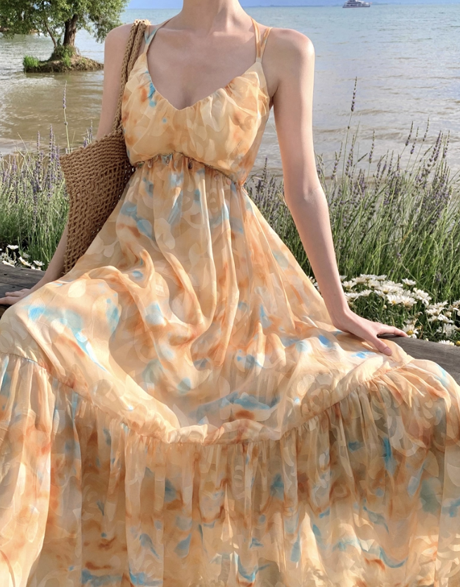 Flowy A Line Spaghetti Strap Floral Yellow Chiffon Prom Dress Vacation Dress HZ1023