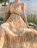 Flowy A Line Spaghetti Strap Floral Yellow Chiffon Prom Dress Vacation Dress HZ1023
