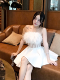 Cute White A Line Strapless Corset Feather Satin Short Homecoming Dress Cocktail Dress HZ1023