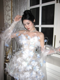 Blue Feather 3D Floral A Line Sweetheart Neck Tulle Short Cocktail Dress Homecoming Dress HZ1023