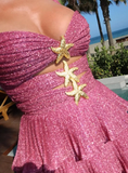 Shiny A Line Straps Tiered Hot Pink Sequin Short Homecoming Dress Outfits HZ1023