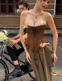 Unique Sheath Strapless Butterfly Brown Satin Chiffon Long Party Dress Evening Dress HZ1023