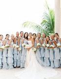 Baby Blue Mermaid Straps Tiered Satin Prom Dress Bridesmaid Dress HZ1023