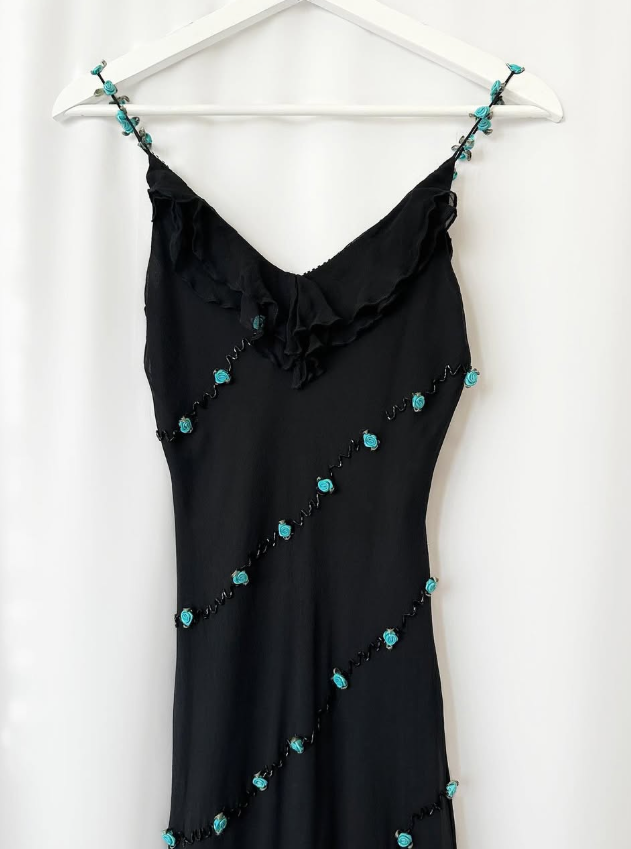 Vintage Blue Floral Black Beaded Ruffles Chiffon Prom Dress Evening Party Gowns HZ1023
