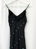Vintage Blue Floral Black Beaded Ruffles Chiffon Prom Dress Evening Party Gowns HZ1023