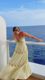 2025 New A Line Spaghetti Strap Embroidered Light Yellow Satin Prom Dress Outfits HZ1023