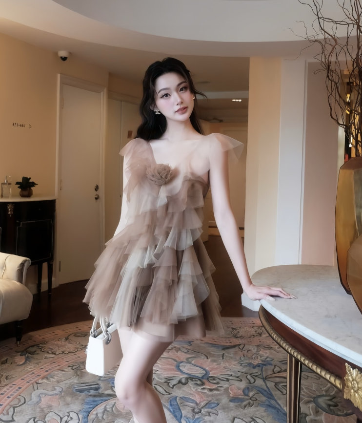 Romantic Brown A Line V Neck Layered Tulle Short Homecoming Dress Cocktail Dress HZ1023