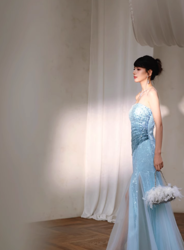 Blue Classy A Line Strapless Sequin Tulle Long Evening Dress Gown Dress HZ1023