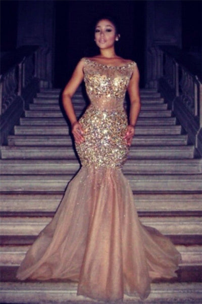 LUXURIOUS MERMAID HALTER TULLE CRYSTAL SLEEVELESS PROM DRESS HZ1023