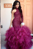 HIGH-NECK ONE-SLEEVE SHEATH LACE PUFFY TULLE PROM DRESS HZ1023