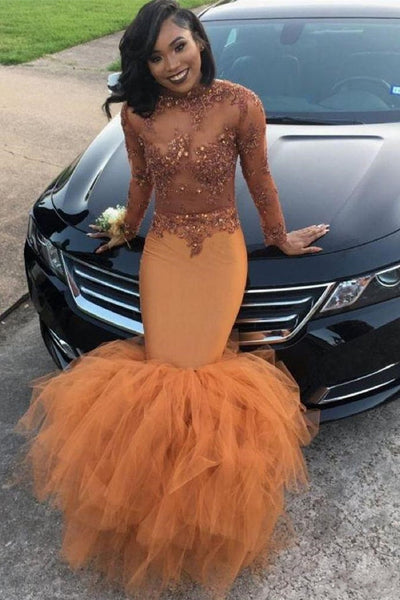 MODEST LACE APPLIQUES MERMAID LONG SLEEVES PROM DRESS HZ1023