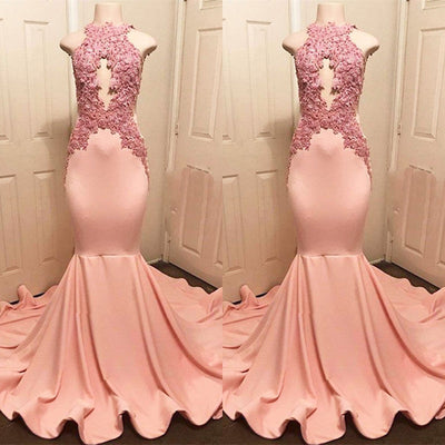 HALTER PINK LACE PROM PARTY GOWN PROM DRESS HZ1023