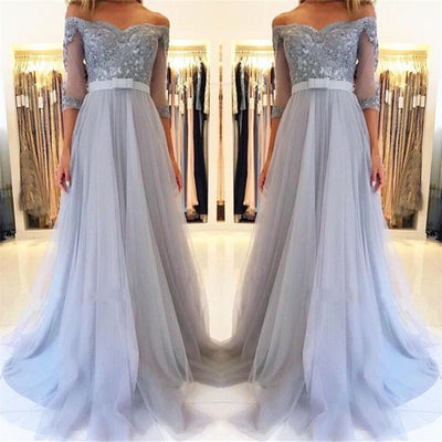 OFF-THE-SHOULDER HALF SLEEVE EVENING DRESSES FORMAL LACE APPLIQUES PROM DRESS HZ1023