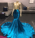 HIGH NECK ILLUSION NECKLINE SLEEVELESS LONG TRAIN APPLIQUES MERMAID PROM DRESS HZ1023