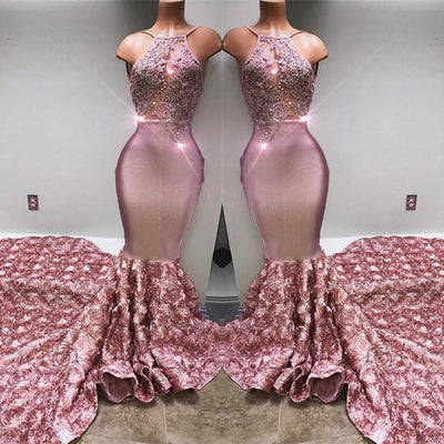 GORGEOUS HALTER MERMAID PINK PROM PARTY GOWNS EVENING DRESSES HZ1023