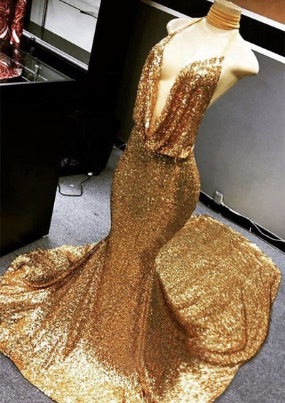 GOLD HALTER V-NECK MERMAID CHARMING SEQUINED DEEP FLOW NECK PROM DRESS HZ1023