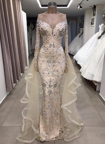 LUXURIOUS LONG SLEEVES OFF-THE-SHOULDER PARTY GOWNS WITH FULLY-COVERED BEADS PROM DRESS HZ1023