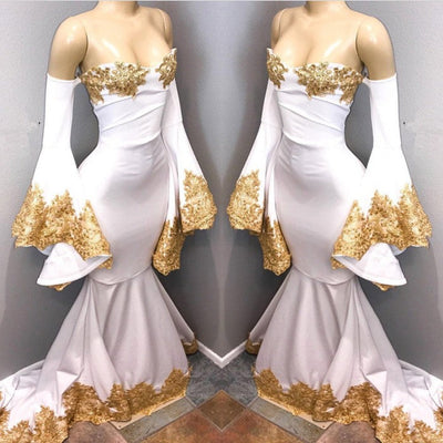 LONG SLEEVES PARTY GOWNS WITH GOLD APPLIQUES PROM DRESS HZ1023