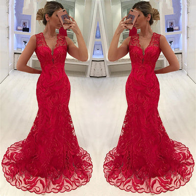 MERMAID APPLIQUES STRAPS SLEEVELESS V-NECK LONG PROM DRESS HZ1023