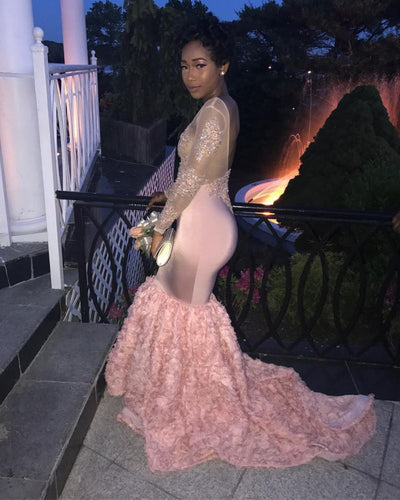GORGEOUS LONG-SLEEVE MERMAID LACE-APPLIQUES PROM DRESS HZ1023